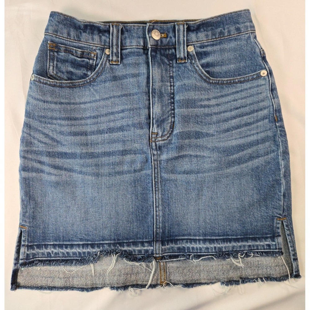 Madewell Size 24 Denim Mini Skirt Raw hi-low Hem Side Slit Stretch‎ Jean Skirt